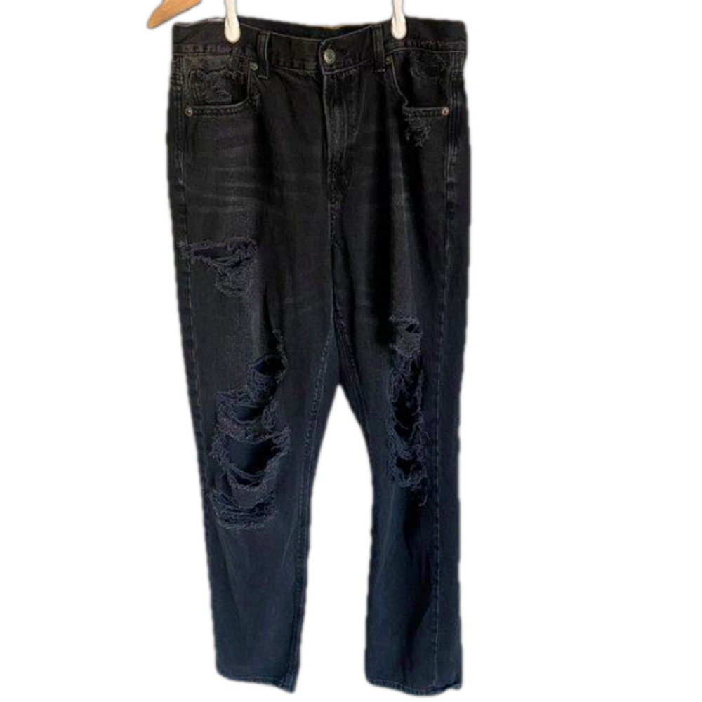 American Eagle Mom Jean High Rise Distressed Ripped Black Denim Ankle 10 R